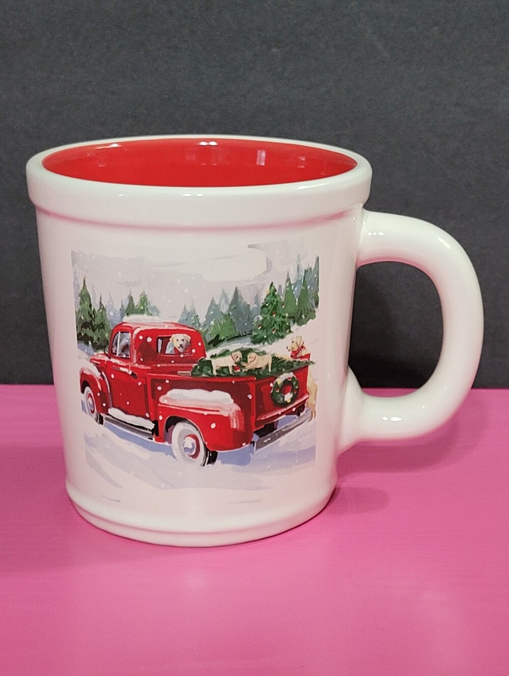 Magenta Oversize Ceramic Mug Holiday Vintage Style Red Truck With Dogs